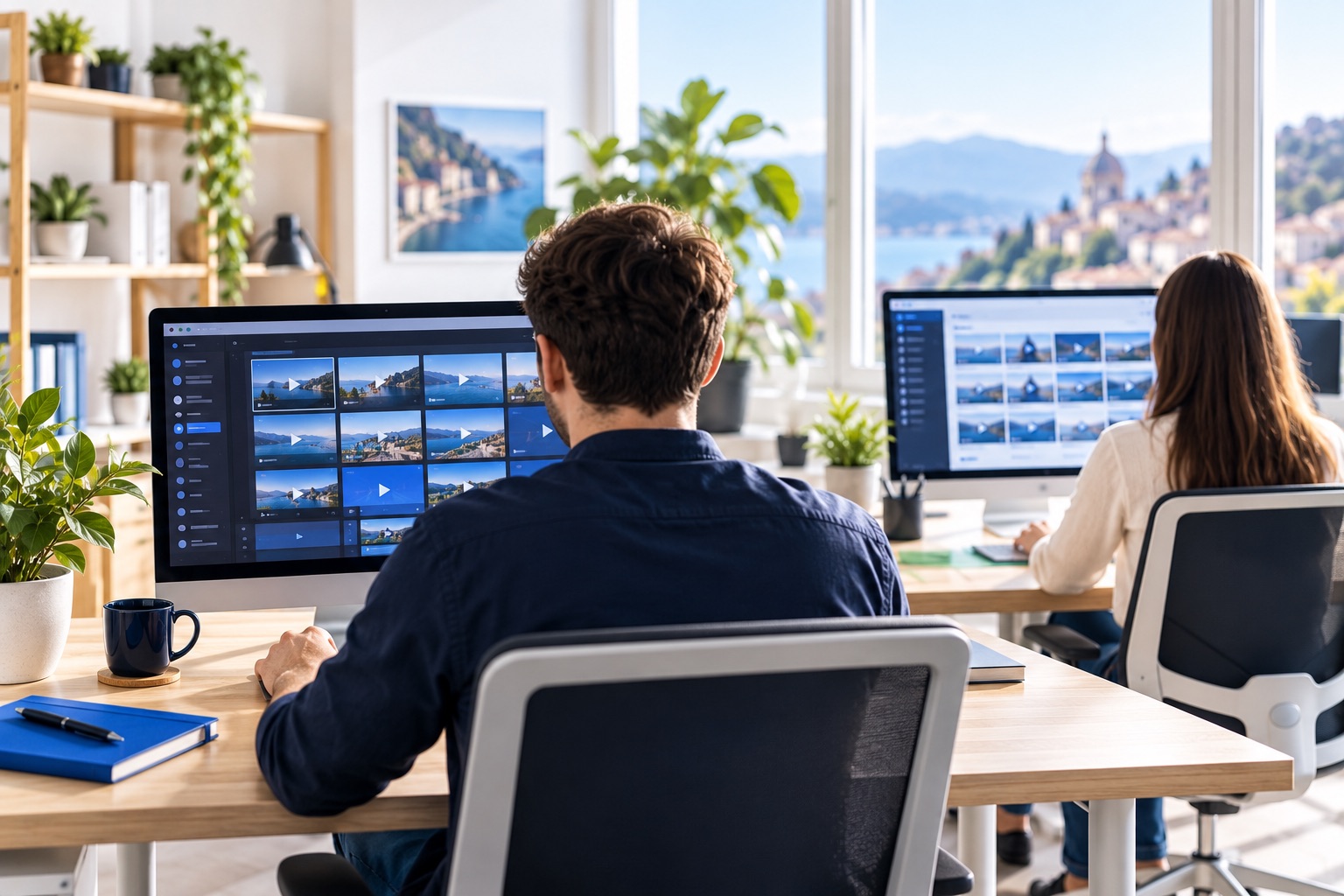 Due persone al lavoro su schermi con anteprime di video, in un ufficio luminoso